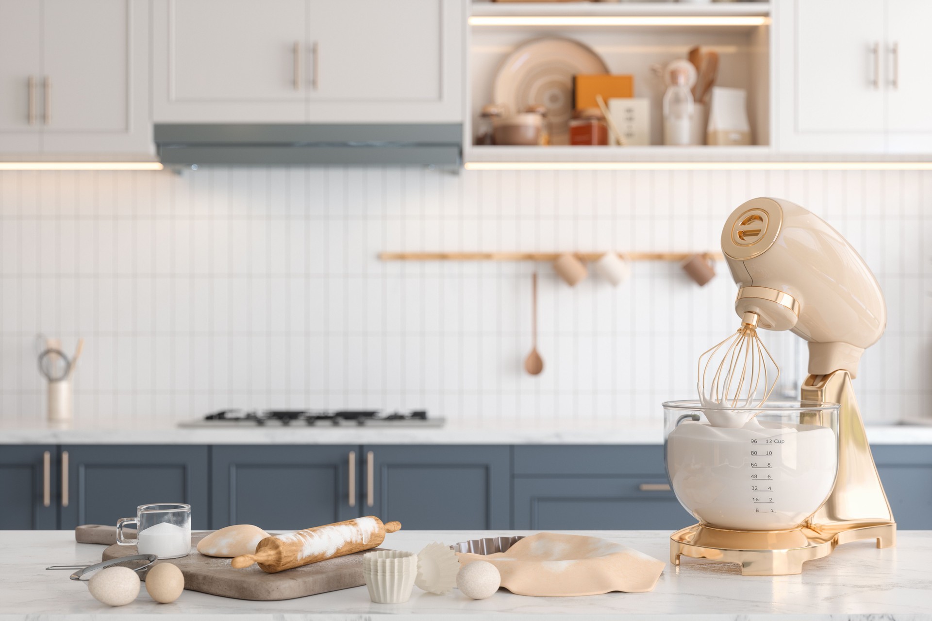 Electric Stand Mixer, Eggs, Flour And Kitchen Equipments On Kitchen Counter With Blurred Background